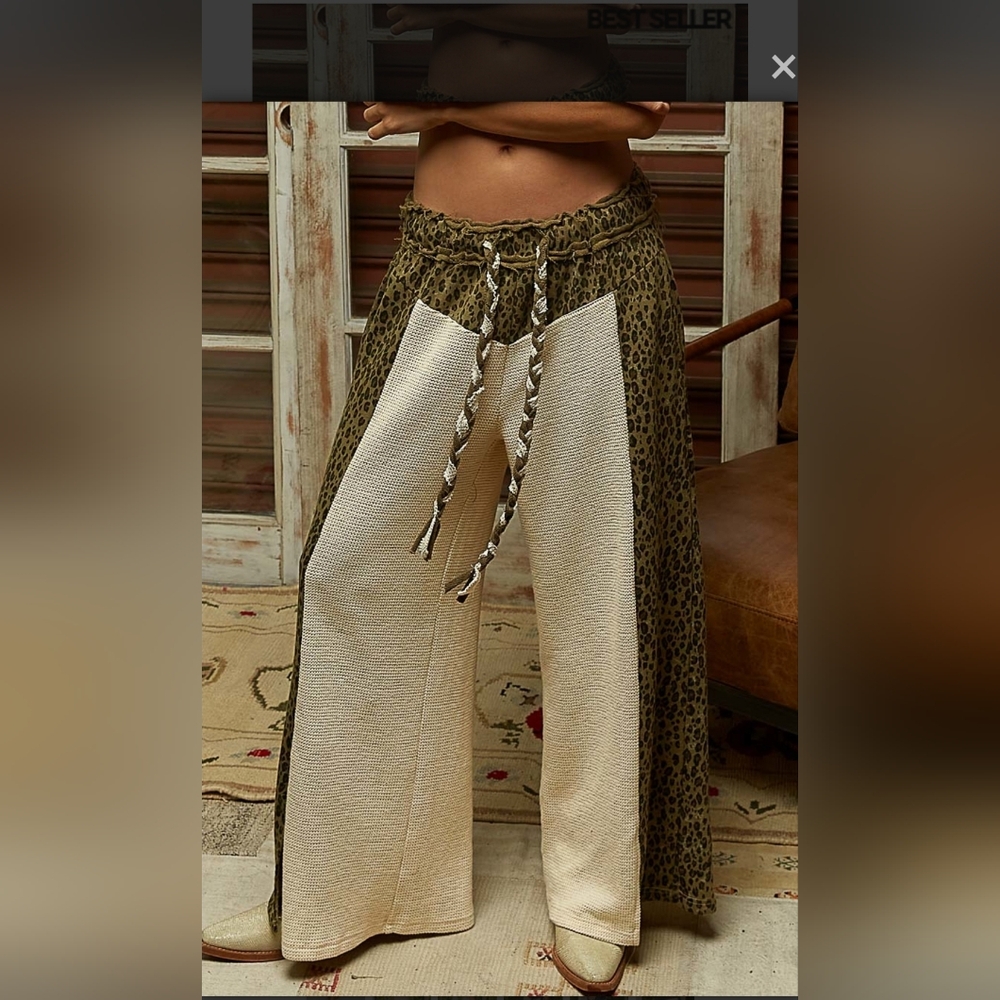 POL Two-Tone Leopard Panel Wide-Leg Pants - Olive Green & Cream